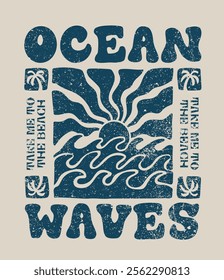 Vintage abstract summer ocean sea waves sun and surf beach illustration with retro typography slogan print for graphic tee t shirt or poster sticker - Vector 