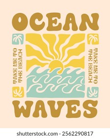 Vintage abstract summer ocean sea waves sun and surf beach illustration with retro typography slogan print for graphic tee t shirt or poster sticker - Vector 