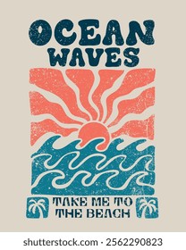 Vintage abstract summer ocean sea waves sun and surf beach illustration with retro typography slogan print for graphic tee t shirt or poster sticker - Vector 