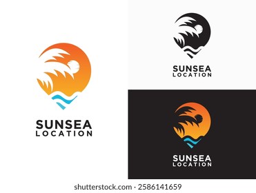 Vintage Abstract Sun and Ocean Waves Logo with Location Pin Shape. Flat Vector Logo Design Template Elements. Tropical Exotic Emblem. Palm Tree Leaf Vector Logo With Location Pin Combination.