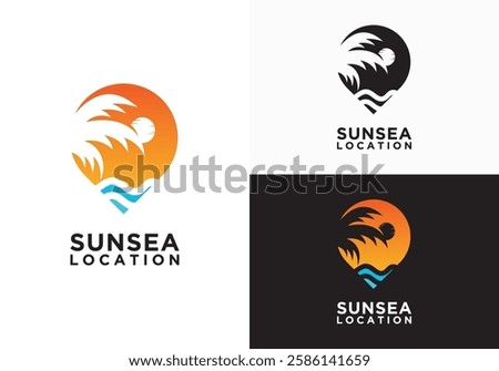 Vintage Abstract Sun and Ocean Waves Logo with Location Pin Shape. Flat Vector Logo Design Template Elements. Tropical Exotic Emblem. Palm Tree Leaf Vector Logo With Location Pin Combination.