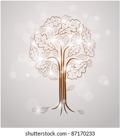 Vintage abstract tree drawing made from oak leafs and white lights