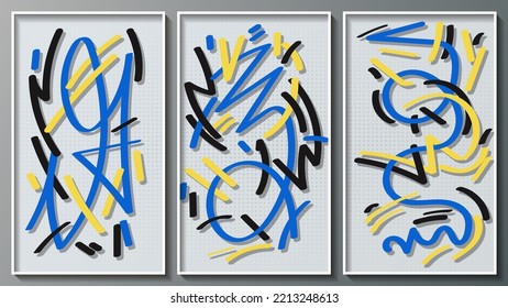 Vintage Abstract Triptych. Chaotic Overlapping Black, Blue, Yellow Broken And Swirling Lines On A Light Background. Three Images In White Thin Frames. Vector.
