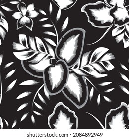 vintage abstract tropical seamless pattern plants and foliage in monochromatic style black and white color on night background. calla leaves and frangipani flowers in one frame. Exotic tropic. Summer