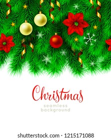 Vintage abstract vector christmas decoration isolated on white background. Xmas holiday ornaments, poinsettia, green fir tree isolated on white. Winter holiday repeating border, seamless pattern, card