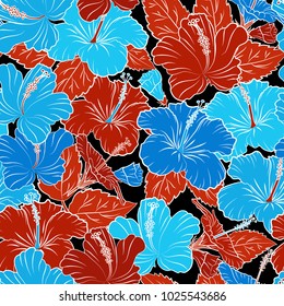 Vintage abstract vector floral seamless pattern in red, white and blue colors. Intersecting curved elegant stylized hibiscus flowers, leaves and scrolls forming abstract floral ornament.