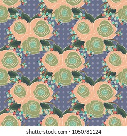 Vintage abstract vector floral seamless pattern in blue and beige colors. Intersecting curved elegant stylized rose flowers, leaves and scrolls forming abstract floral ornament.