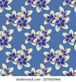 Vintage abstract vector floral seamless pattern in purple and blue colors. Intersecting curved elegant stylized plumeria flowers, leaves and scrolls forming abstract floral ornament. Arabesque.