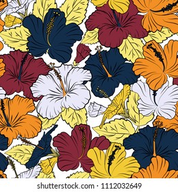 Vintage abstract vector floral seamless pattern in orange, yellow and blue colors. Intersecting curved elegant stylized hibiscus flowers, leaves and scrolls forming abstract floral ornament.