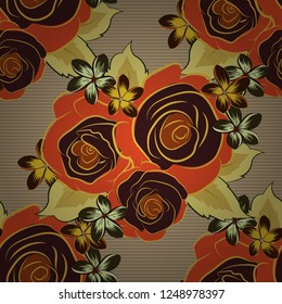 Vintage abstract vector floral seamless pattern in brown, yellow and orange colors. Intersecting curved elegant stylized rose flowers, green leaves and scrolls forming abstract floral ornament.