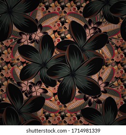 Vintage abstract vector floral seamless pattern in black, gray and brown colors. Arabesque. Intersecting curved elegant stylized plumeria flowers, leaves and scrolls forming abstract floral ornament.