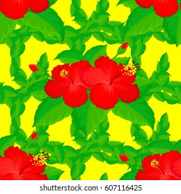 Vintage abstract vector floral seamless pattern on a yellow background. Intersecting curved elegant stylized hibiscus flowers, leaves and scrolls forming abstract floral ornament in Arabic style.