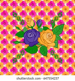 Vintage abstract vector floral seamless pattern on a beige background. Intersecting curved elegant stylized rose and cosmos flowers with green leaves, scrolls forming ornament in Arabic style.
