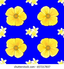 Vintage abstract vector floral seamless pattern on a blue background. Intersecting curved elegant stylized cosmos and plumeria flowers, abstract floral ornament in Arabic style. Arabesque.