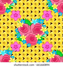 Vintage abstract vector floral seamless pattern on a brown background. Intersecting curved elegant stylized rose flowers, green leaves and scrolls forming abstract floral ornament in Arabic style.