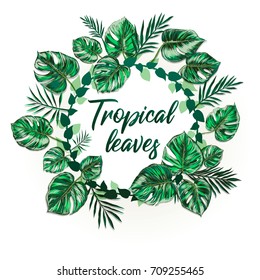 Vintage abstract vector tropical background. Palm leaves. Border. Green circle foliage and text. Tropical Leaves. Jungle theme design template for banner or poster. Frame. EPS 10.