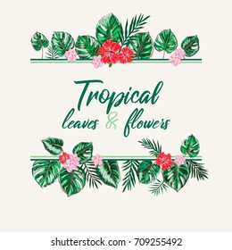 Vintage abstract vector tropical background with Leaves and flowers.  Border. Green foliage and text.  Jungle theme design template for banner or poster. Frame. EPS 10.