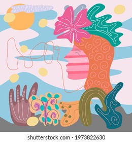 Vintage abstract woman Creative designs with simple lines and colors can be applied to a variety of tasks such as T-shirt pattern, background, coffee mug, pocket pattern, digital paper, seamless, DIY