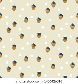 Vintage acorn oak seeds cream colors seamless vector pattern. Cute retro fabric textile print textile background.