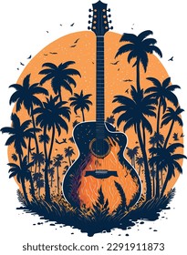 Vintage Acoustic Guitar Palm Tree Sunset View Vector Retro Illustration 