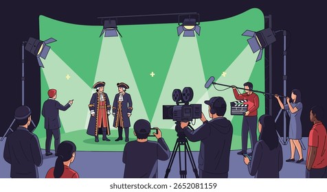 Atores antigos em trajes históricos filmados com câmera clássica e equipamentos de iluminação no set