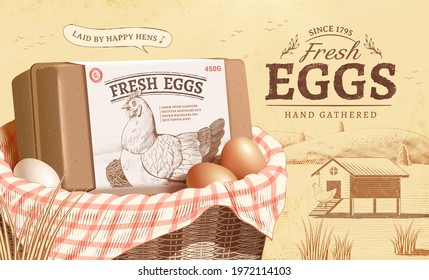 Vintage ad template design for fresh farm product in engraving style. A wooden basket displaying some eggs and a labeled carton. Concept of free-range chicken and fresh farm egg