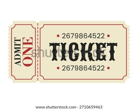 Vintage Admit One Retro Ticket with Perforation. Vector. Editable stroke.