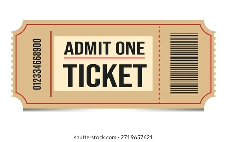 Vintage admit one ticket with barcode and serial number