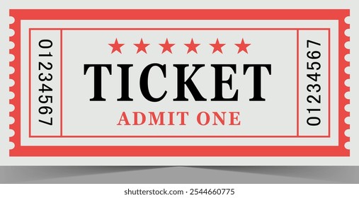 Vintage Admit One Ticket with Red Border and Serial Number. Tickets for cinema, movie, circus, carnival, film, festival, etc.