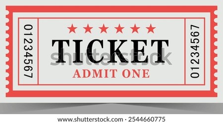 Vintage Admit One Ticket with Red Border and Serial Number. Tickets for cinema, movie, circus, carnival, film, festival, etc.