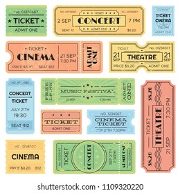 Vintage admitted cinema, music festival pass, train ticket. Isolated colorful yellow red green blue grunge amusement admission tickets template vector set