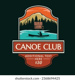 vintage adventure badge. Canoe logo with mountain illustration in retro hipster style.