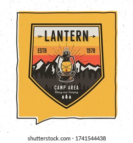 Vintage adventure badge illustration design. Outdoor emblem with camp lantern, mountains and text - And so the adventure begins. Unusual hipster style patch. Stock vector