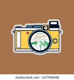 Vintage adventure badge patch with mountains, cactus, desert inside the camera and quote - Someone in Arizona loves me. Camping retro label. Stock vector