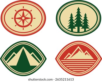 Vintage adventure badges and outdoor exploration emblems with retro travel logos and nature inspired icons.