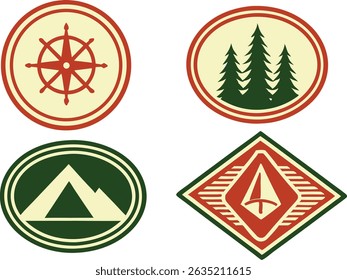 Vintage adventure badges and outdoor exploration emblems with retro travel logos and nature inspired icons.