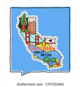 Vintage adventure California badge illustration design. Outdoor US state emblem with Cali attractions and text - California Does It Better. Unusual american hipster style sticker. Stock vector