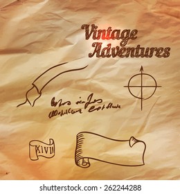 Vintage adventure elements, vector illustration in retro style over old paper