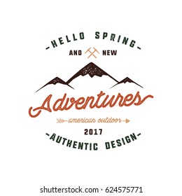 Vintage adventure Hand drawn label design. Hello spring and new adventures sign and outdoor activity symbols - mountains, climb gears. Retro colors. Isolated on white background. Vector