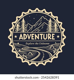 Vintage adventure label, badge, emblem, design element in retro style.
