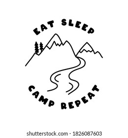 Vintage adventure line art badge design. Outdoor emblem with campfire and text - Eat simple camp repeat. Unusual linear hipster style patch. Stock vector