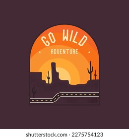 Vintage adventure logo badge featuring wilderness-themed design desert, cactuses and quote-go wild. Stock vector travel label isolated on dark background
