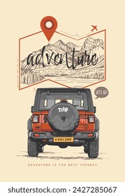 Vintage adventure poster with a retro off-road vehicle. Vector illustration.