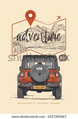 Vintage adventure poster with a retro off-road vehicle. Vector illustration.