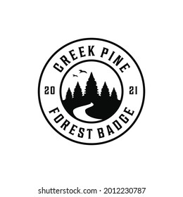 Vintage adventure retro forest pine river creek logo badge silhouette . Logo can be used for icon, brand, identity, symbol, elements, and wood