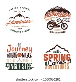 Vintage adventure tee shirts designs, summer logo set. Hand drawn travel labels. Mountain explorer, wanderlust, expedition emblems. Isolated on white background. Stock Vector illustration