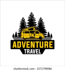 vintage adventure Travel bus vector with pine silhouette. vintage retro.icon logo background.