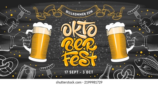 Vintage advertisement banner template of Oktoberfest festival with hand drawn lettering Oktoberfest, beer mugs and snacks, hand drawn by chalk on blackboard background. Vector illustration