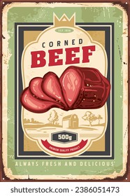 Vintage advertisement idea for delicious corned beef poster. Smoked meat product promotional vector psign design. Food illustration.