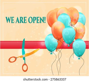 Vintage, advertising card, label, background - scissor cutting red ribbon, text We are open, many red, orange and blue flying balloons, lights, retro design, grunge